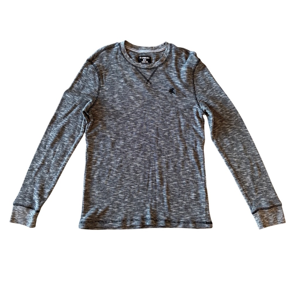 Express Men Modern Waffle Knit Thermal Shirt Medium Grey Marl Pullover Lion Logo